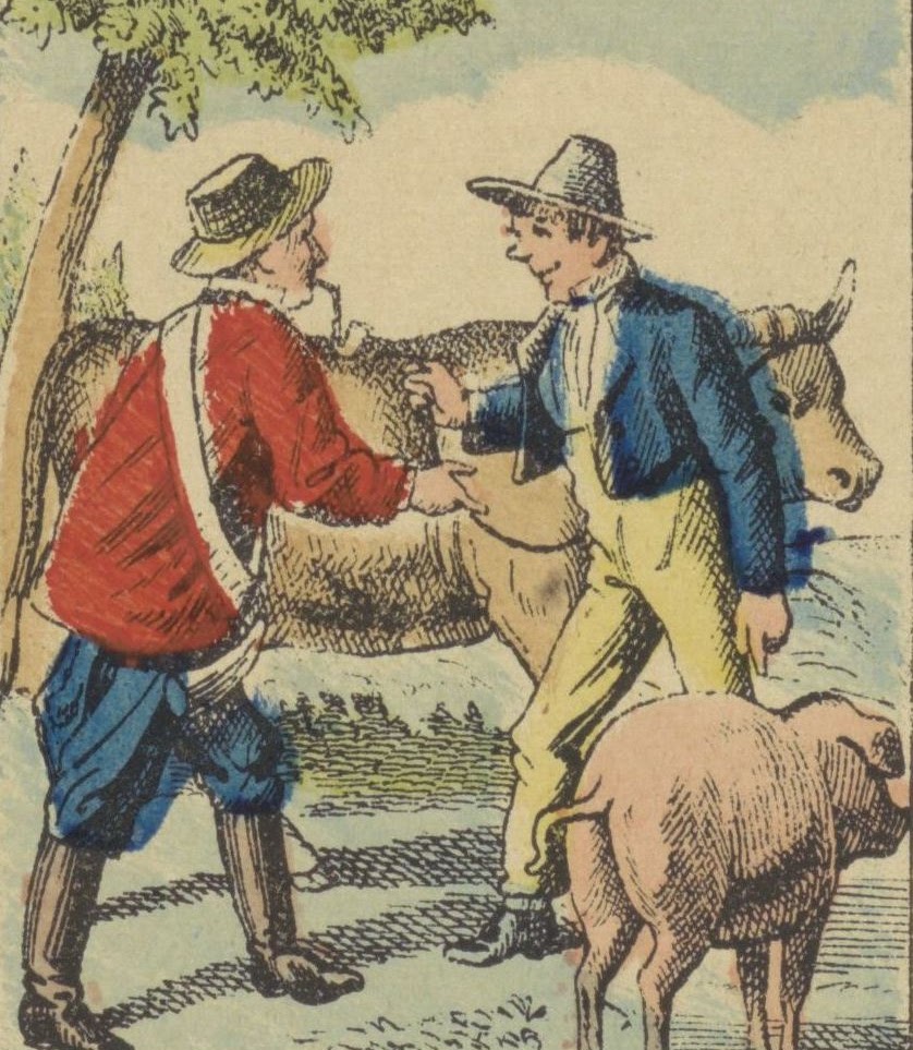 Illustration of Hans in Luck exchanging a swine for his cow